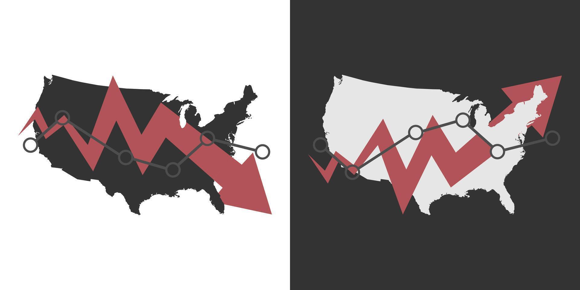 USA map with fall and recovery chart, statistics arrow. illustration. vector