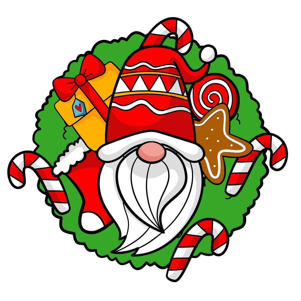 Cute Gnome with Christmas wreath for Christmas celebration illustration by hand drawn. vector