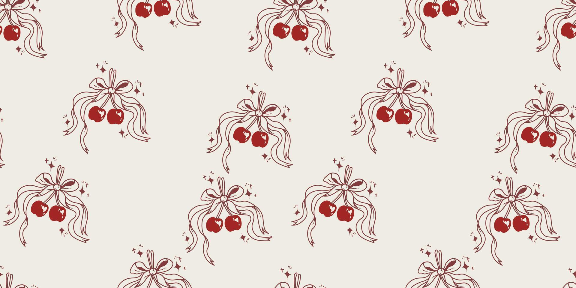 Cute Red Cherry Coquette Ribbon Seamless Pattern vector