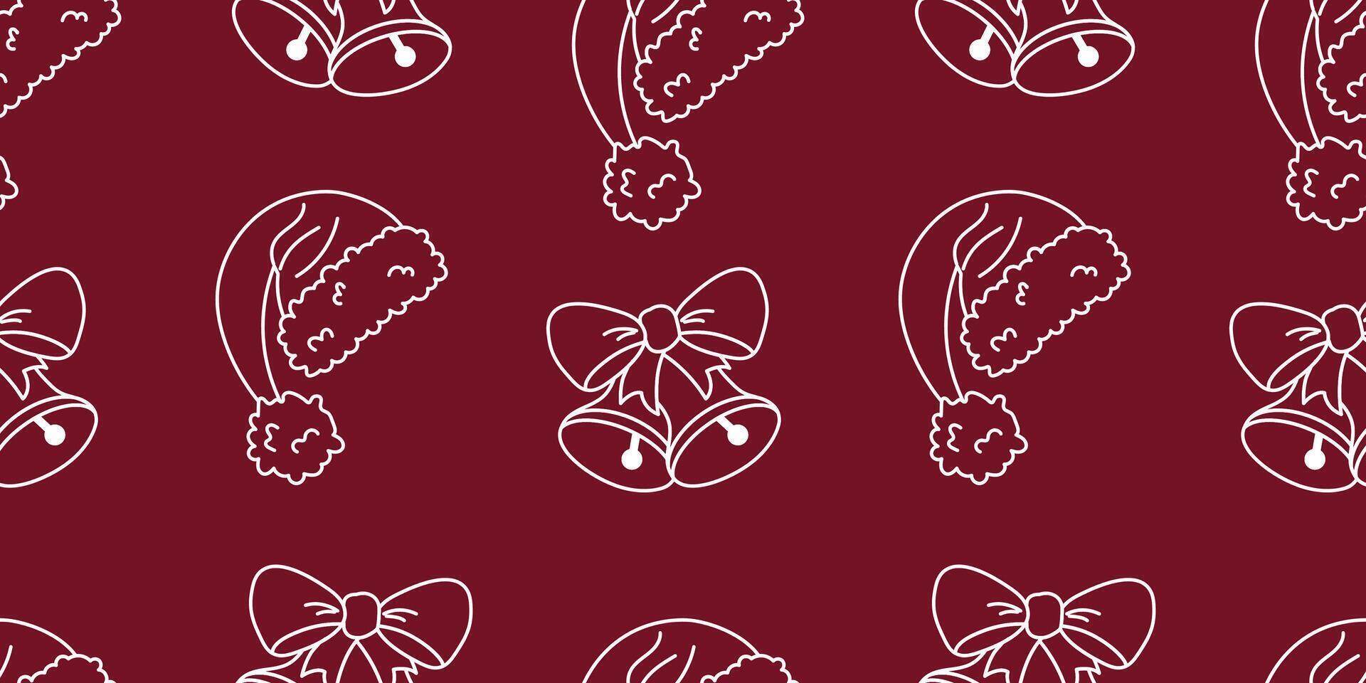 Merry Christmas ringing bells and Christmas Santa Claus Hat on Red Style Seamless Pattern. vector