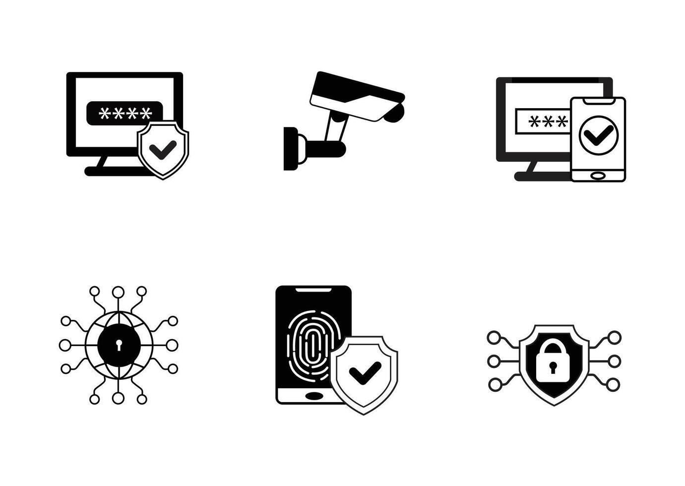 Six black and white icons depicting cybersecurity measures password protection, security cameras, fingerprint authentication, shielded devices, network security, and secure access. vector