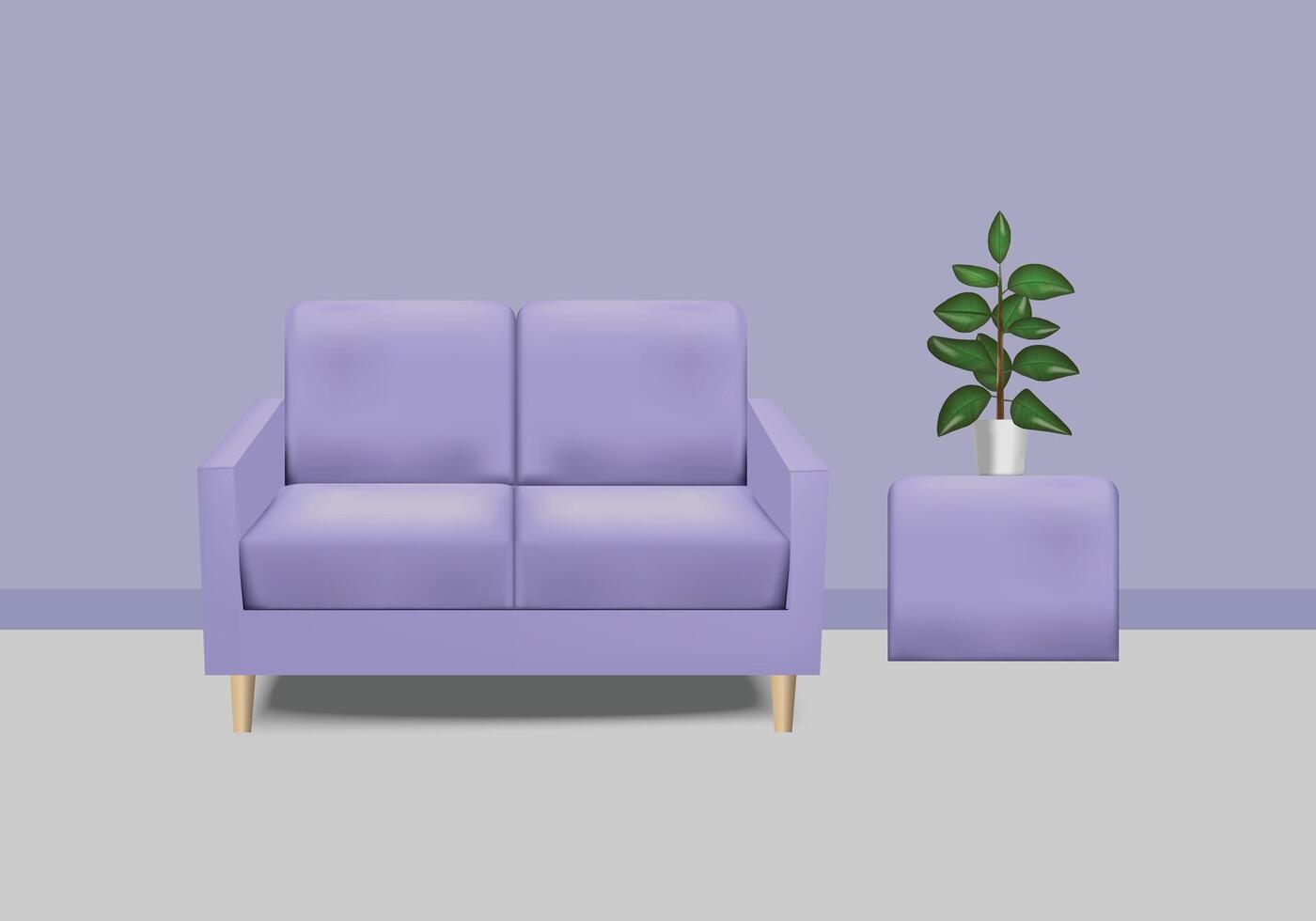 Modern realistic purple sofa and potted plant. 3D for relaxation concepts at home, office, beauty salon, web banner and etc. Development and interior design. vector