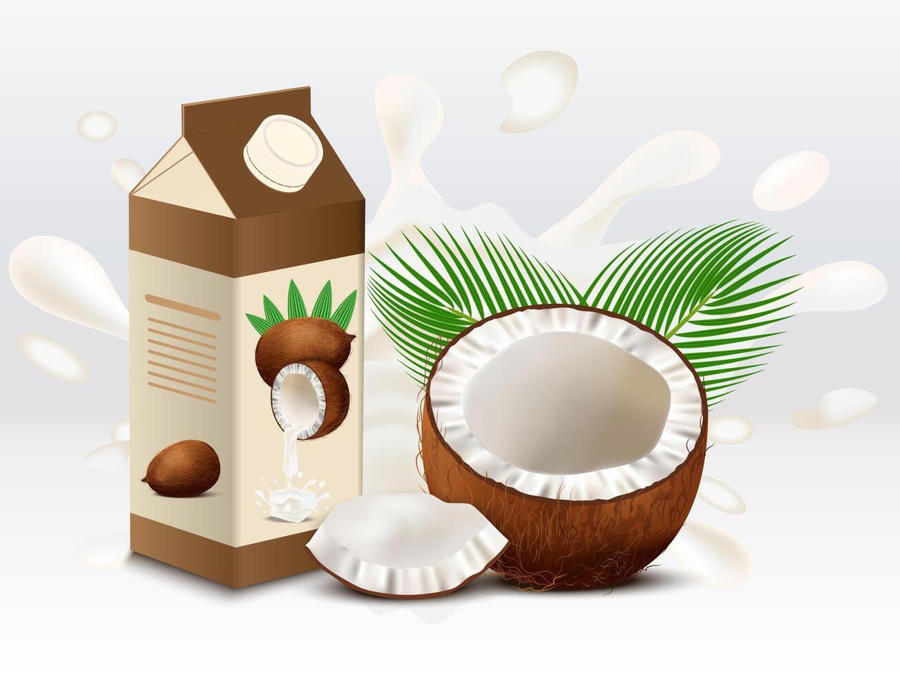 Realistic coconut milk container design with coconut milk splashing on the background. vector