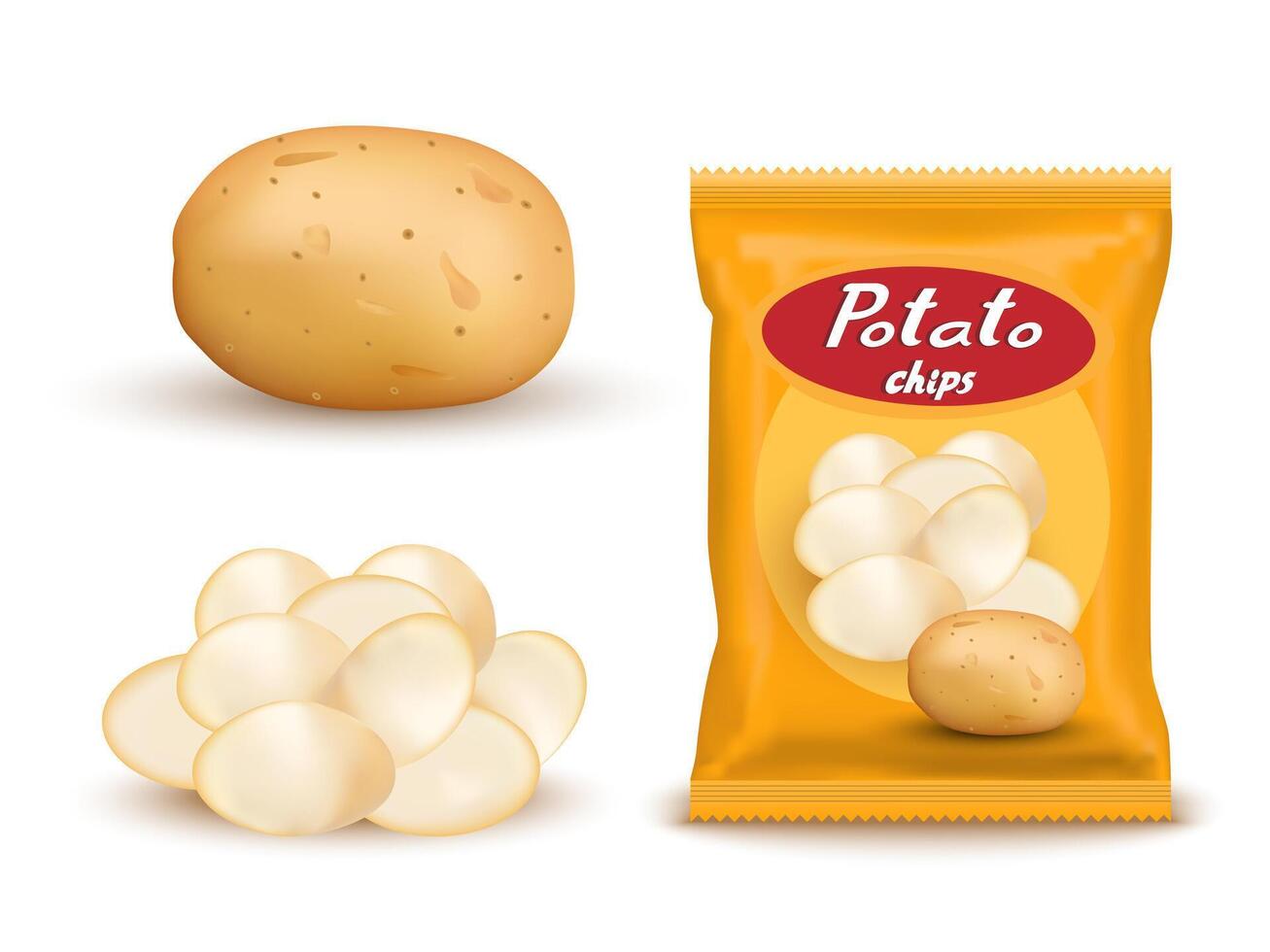 Realistic mockup package of yellow chips package with label isolated on white background, foil bags with potato snack, illustration EPS 10. vector