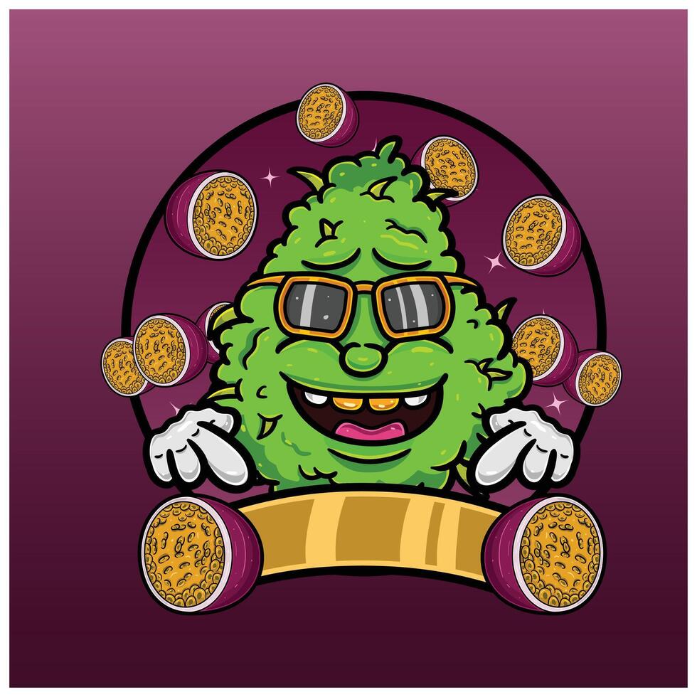 Cartoon Herbal Leaf With Passion Fruit Flavor. Design For Logo, Label and Packaging Product. vector