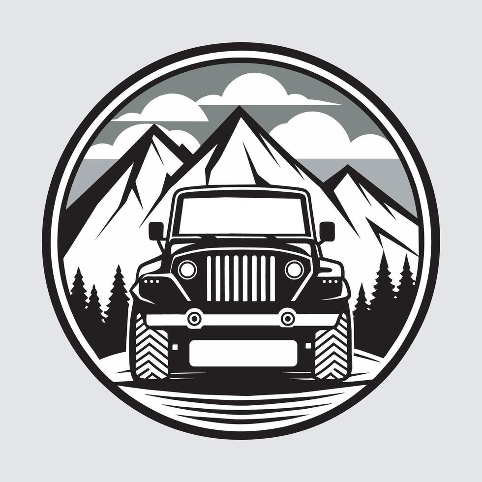 A jeep is driving through the mountains and forest vector