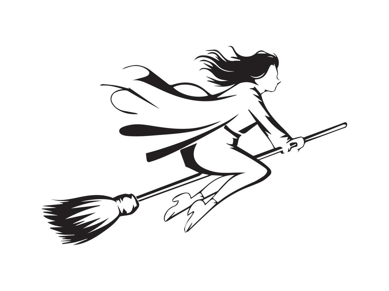 A black and white illustration of a witch flying on a broom vector