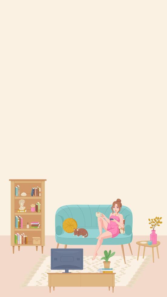 Story template. Girl is watching TV on a cozy sofa in a living room with a cat illustration. Relaxed atmosphere, home leisure, hygge interior concept vector