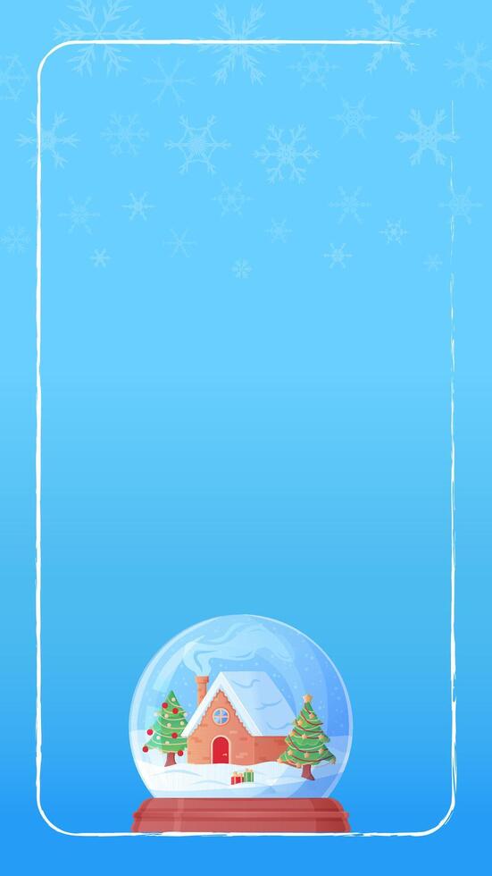 Cute blue sky Christmas storis template background with snow globe with house. Stock vertical illustration in cartoon style. vector