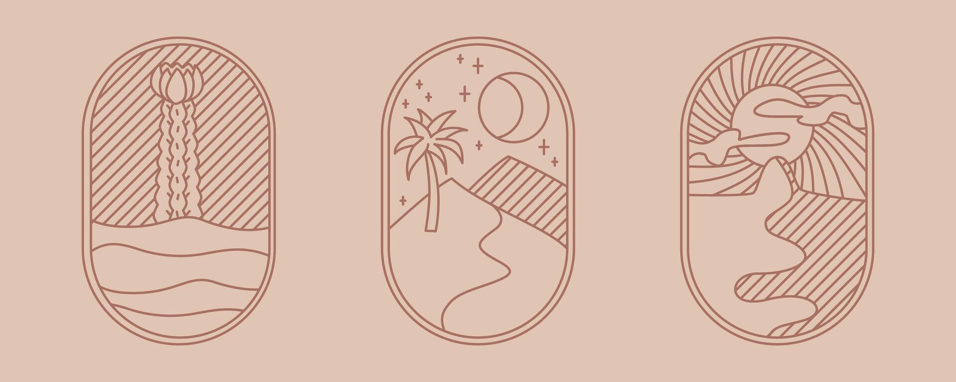 Beige and brown oval nature boho logo. Cactus,desert, sand, palm oasis, sun landscape aesthetic icon. Stock illustration isolated on white background in line style. vector