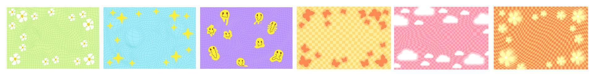 Set of funky psychedelic checkerboard pattern. Groovy funky textures. Stock illustration in flat style. vector