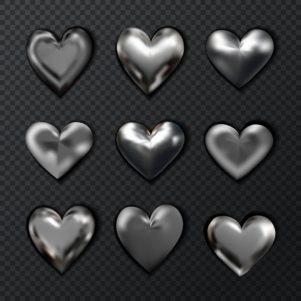 collection of chrome metallic hearts. Y2k metallic set. Stock illustration in realistic style. vector