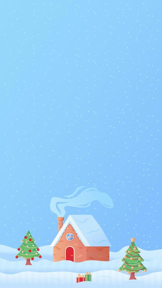 Christmas storis template with winter landscape. Snow house with Christmas tree. Stock illustration in cartoon style. vector