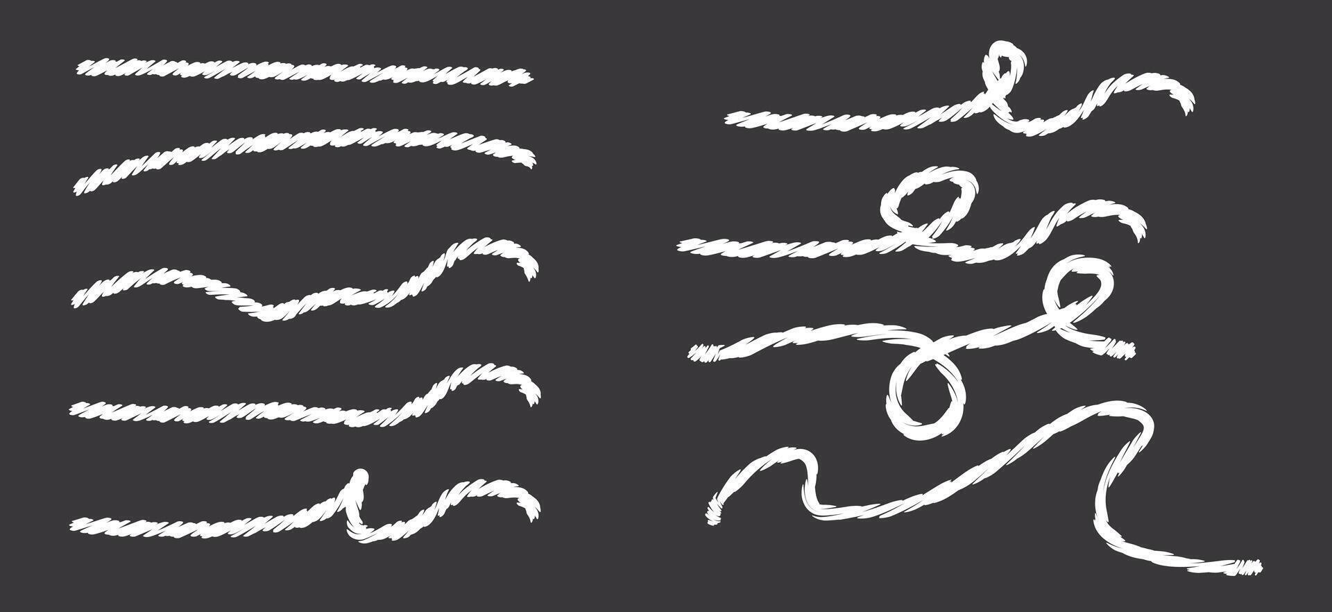 Chalk style ropes bent into various shapes on a black background. Minimalist hand drawn illustration with a nautical vintage feel. Stock illustration in a rough, stylized chalk art style. vector