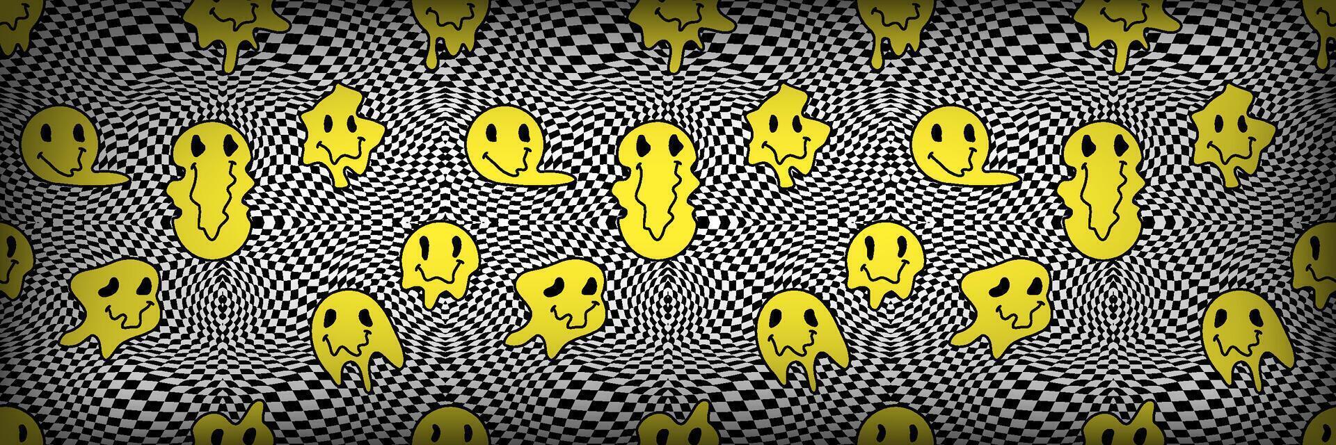 Abstract horizontal background with black and white grid waves with smiles. Trendy illustration in style retro 60s, 70s. Stock illustration in cartoon flat style. vector