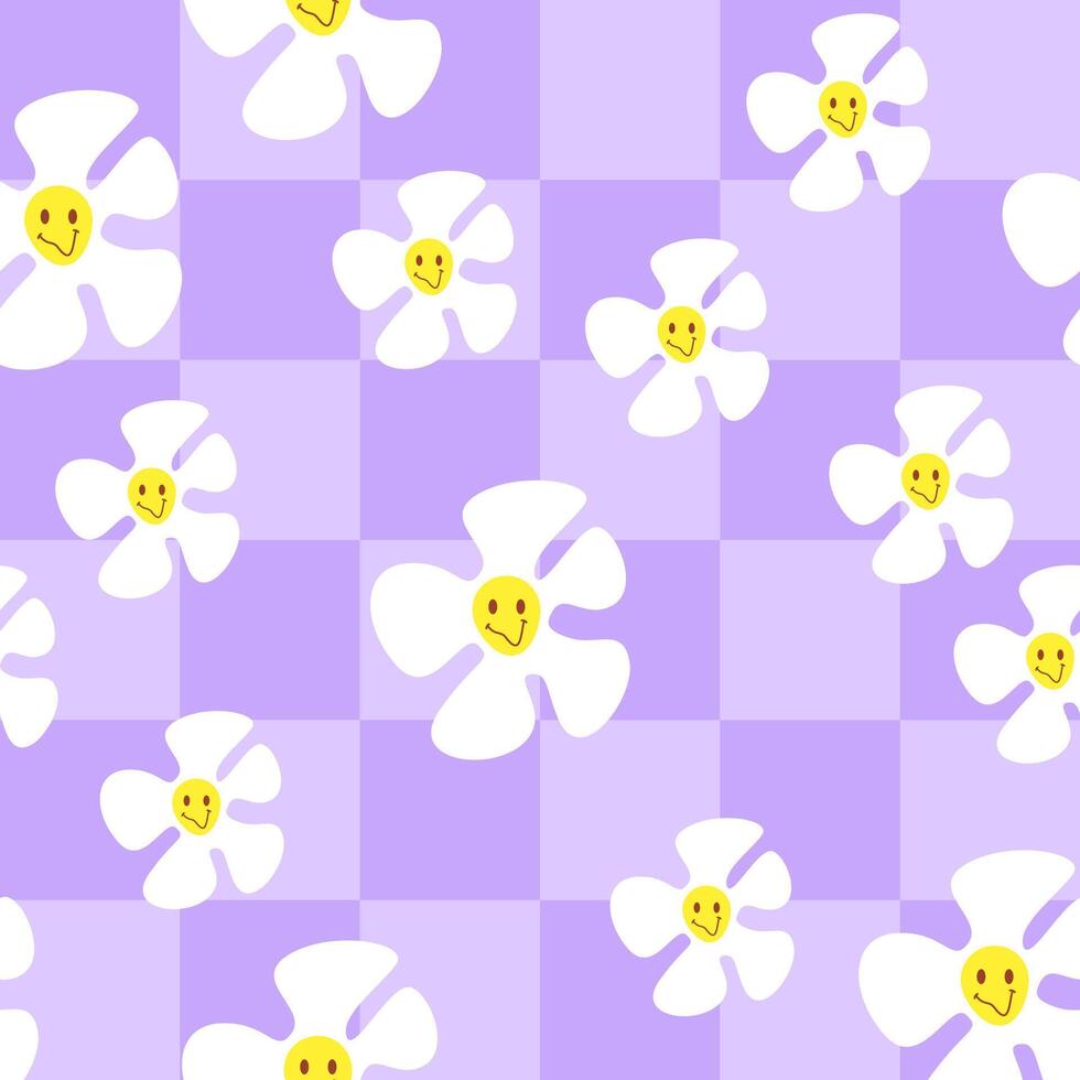 Seamless retro groovy pattern. Purple chess checkerboard with white smile daisy. Stock illustration in flat cartoon style. vector