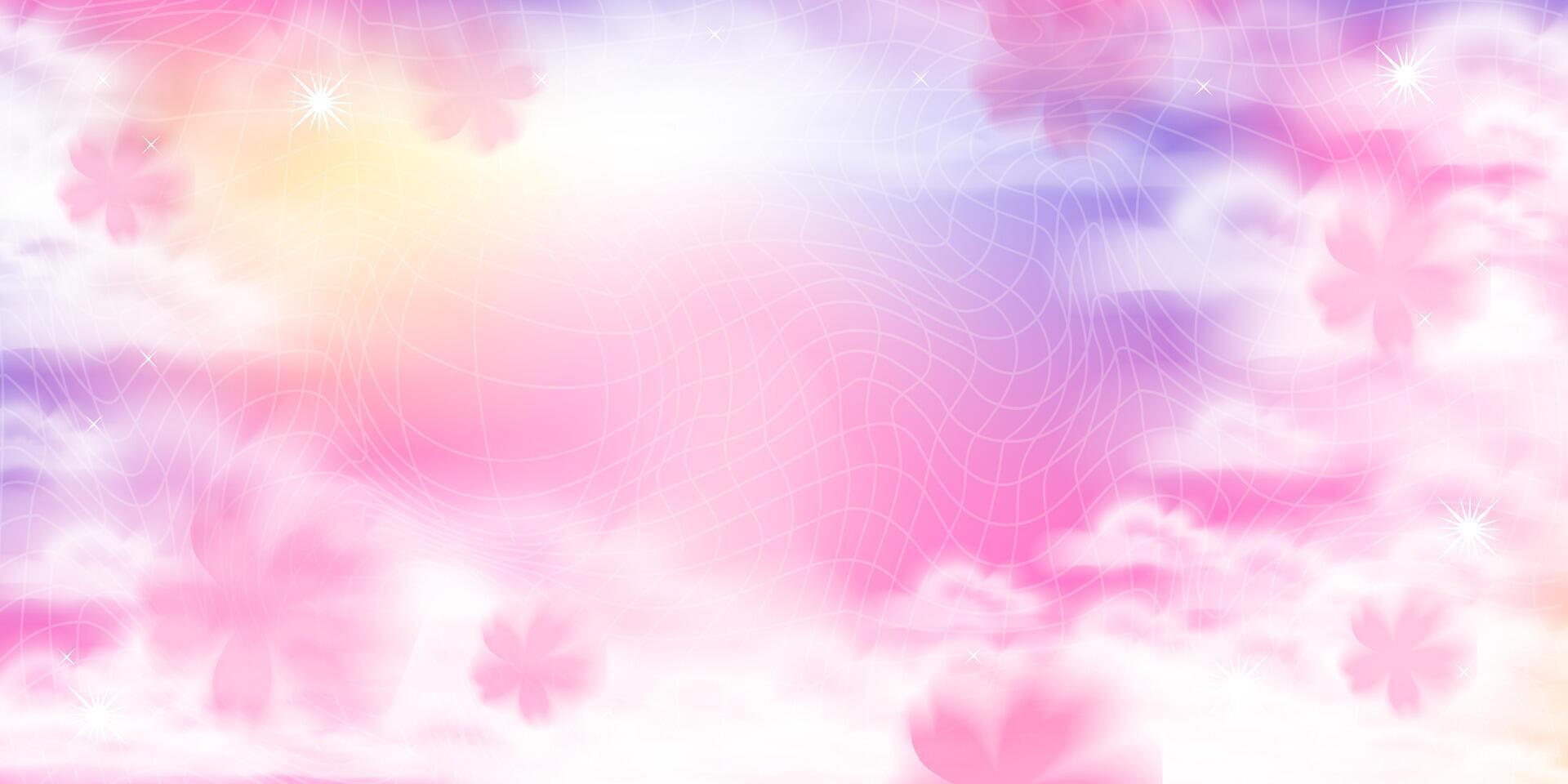 Cute y2k cloud sky sunset background with grid, stars and sakura flowers for girl party banner. Stock illustration in realistic style. vector