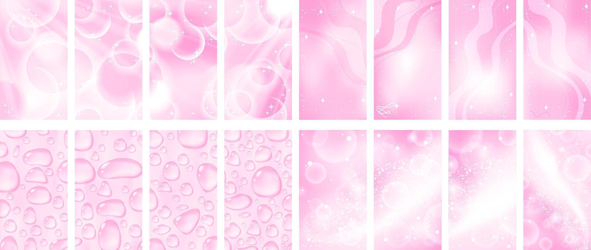 Subtle pink stories template set. Sparkling anime y2k background vector
