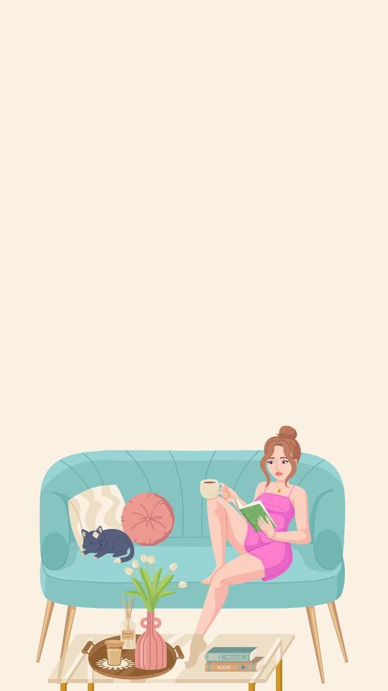 Woman peacefully reading a book on a sofa with a cat, in a cozy hygge living room setting. Stock illustration isolated on white background in flat style. vector