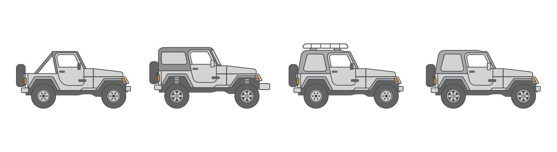 Set of Gray Jeep SUV Car Graphics. Flat Design Offroad Illustration Collection Bundle. vector