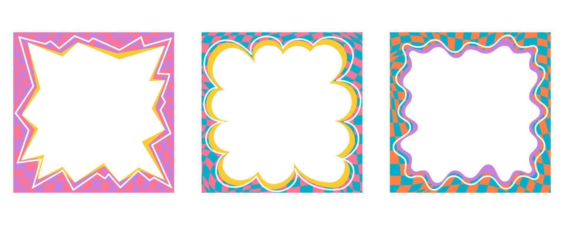 Wavy scallop border. Square fun wavy chessboard frame. Cartoon hand drawn shapes for text picture and photo. Doodle groovy psychedelic template. Abstract funky y2k squiggle checkered bubble vector