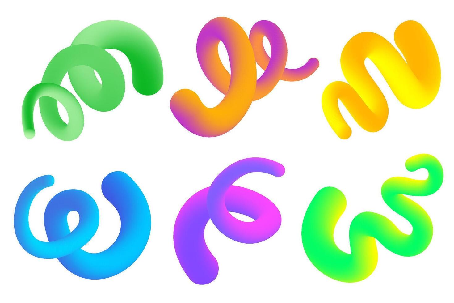 3D gradient swirl shapes. Abstract gradient wavy shapes on white background. Spiral blend graphic dynamic elements. Bright neon organic strokes with color gradation. vector