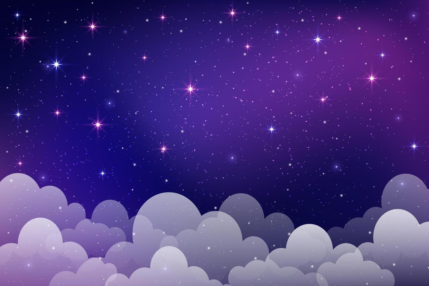 Starry night sky with clouds. cute magic space background. Dreamy illustration of cosmos. Cartoon fantasy blue and purple universe scene. Fantasy landscape vector
