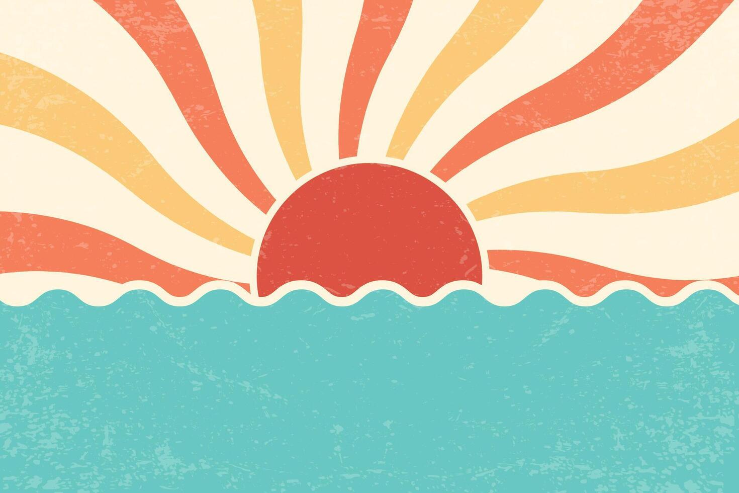 Sunrise retro background. Summer 70s poster with beams and sea. Vintage groovy design with grunge old paper texture for carnival and beach party festive banner vector