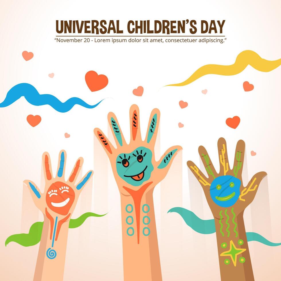Universal Childrens Day background with funny painted children's hands vector