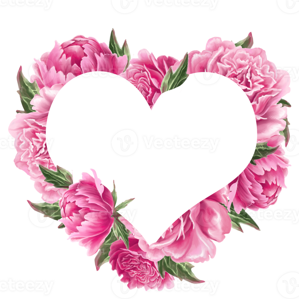 Heart vignette with Peonies and Leaves png