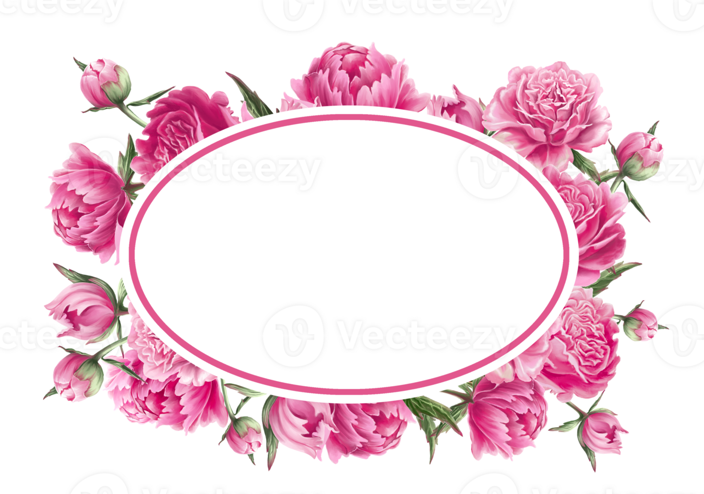 Digital oval pink frame of peonies, leaves and Buds png