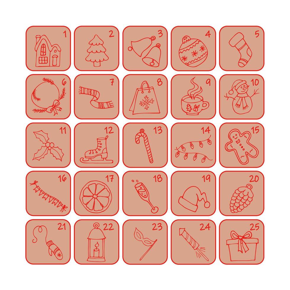 Hand drawn illustration in cartoon style. Christmas poster, advent calendar linear drawing on a white background. vector