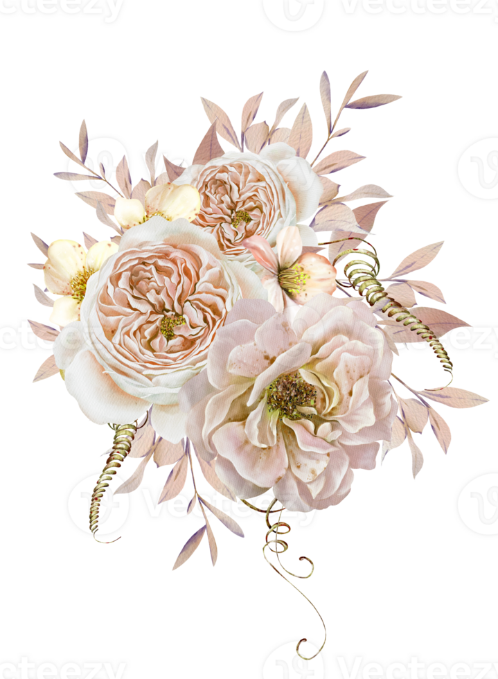 Watercolor autumn wedding bouquet with flowers of roses, peonies and lilies. Illustrations. png