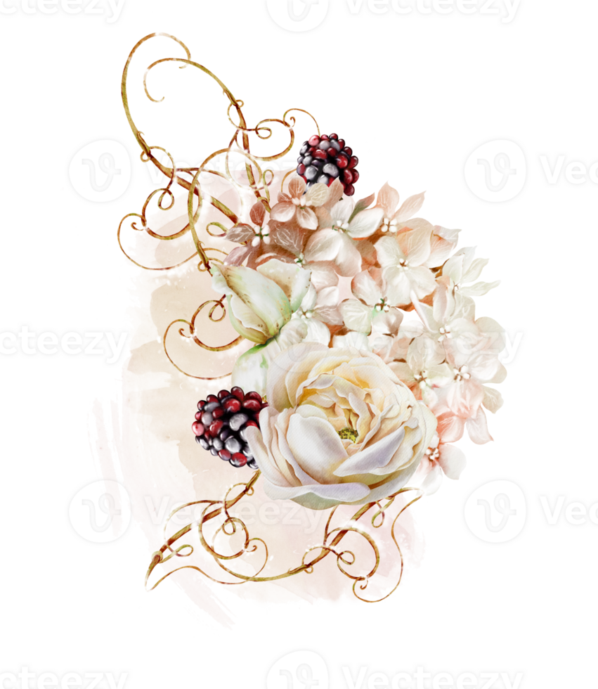 Watercolor autumn wedding bouquet with flowers of roses, hydrangea. Illustrations. png