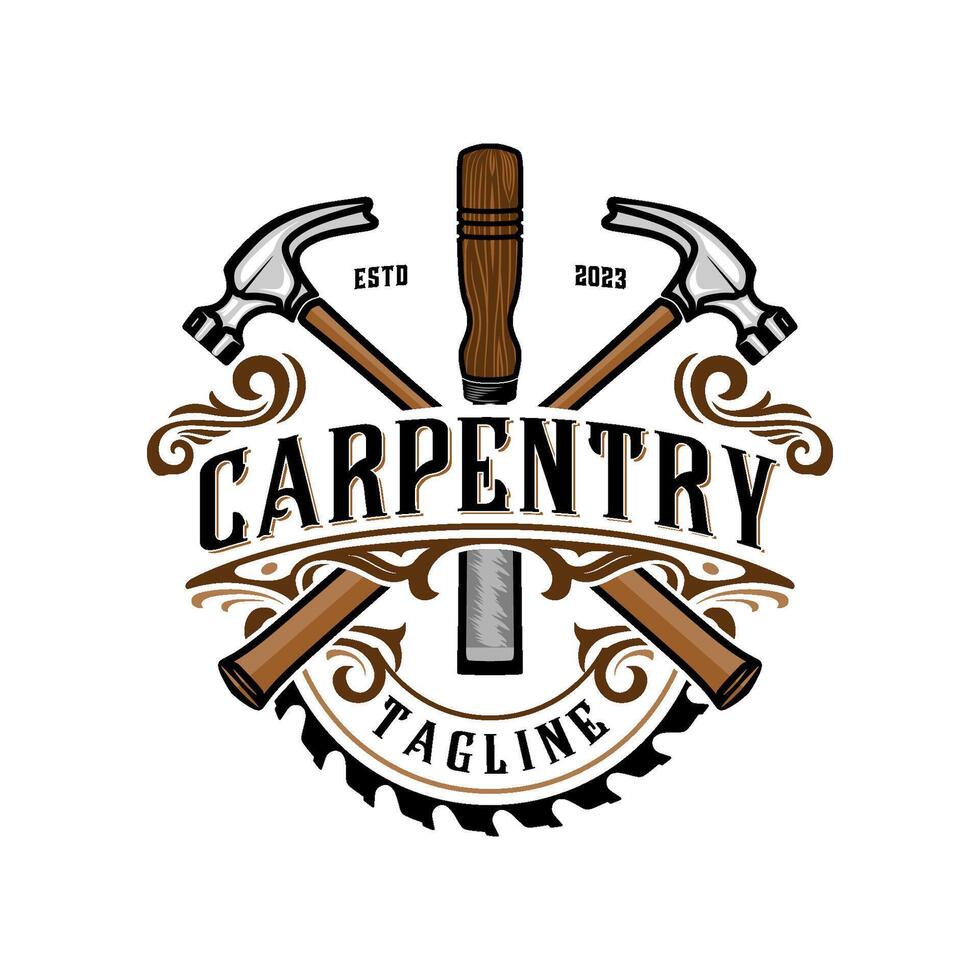 carpentry vintage logo. chisel and hammer tool elements for furniture, construction and carpenter. vector