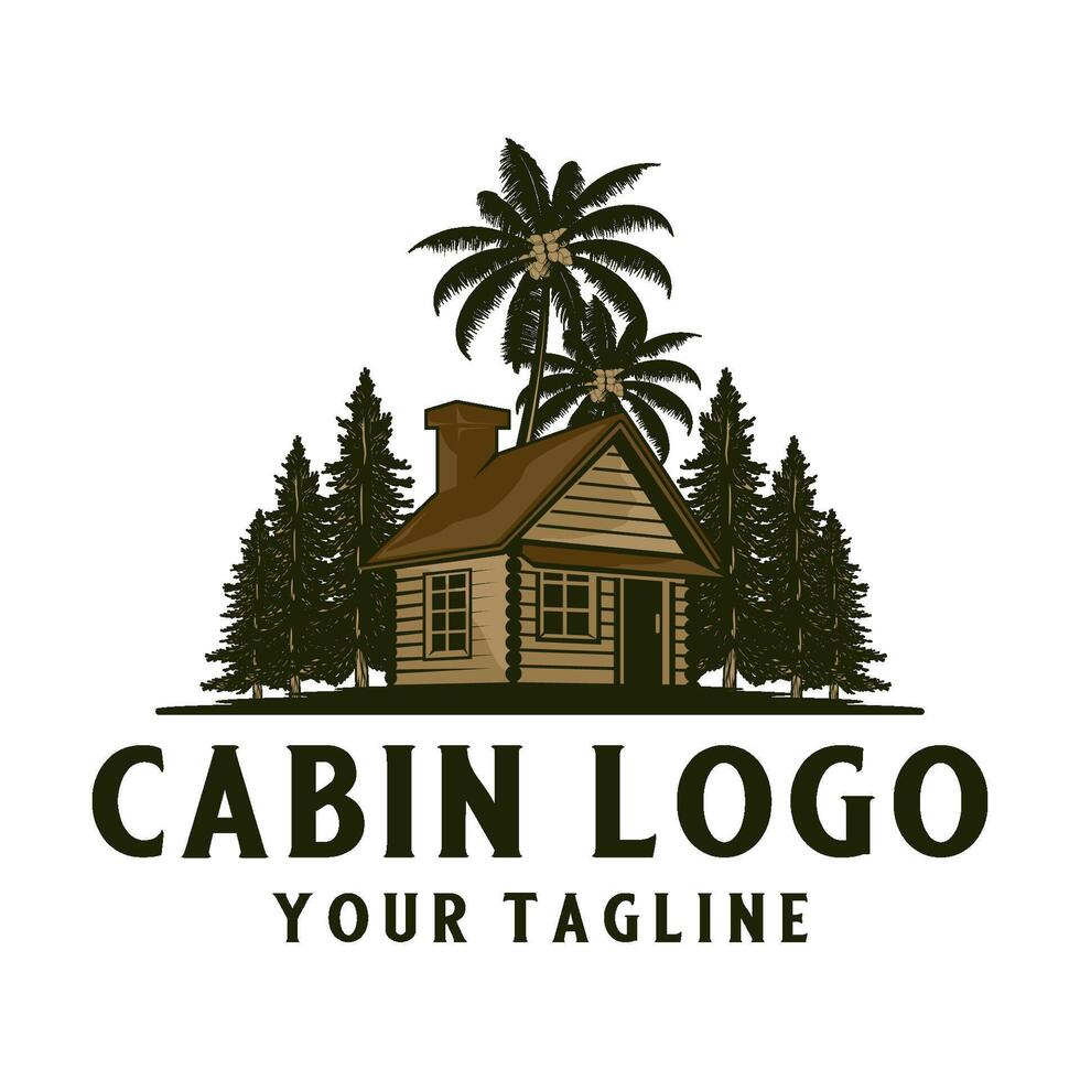 cabin logo. wooden house concept in the middle of a pine forest vector