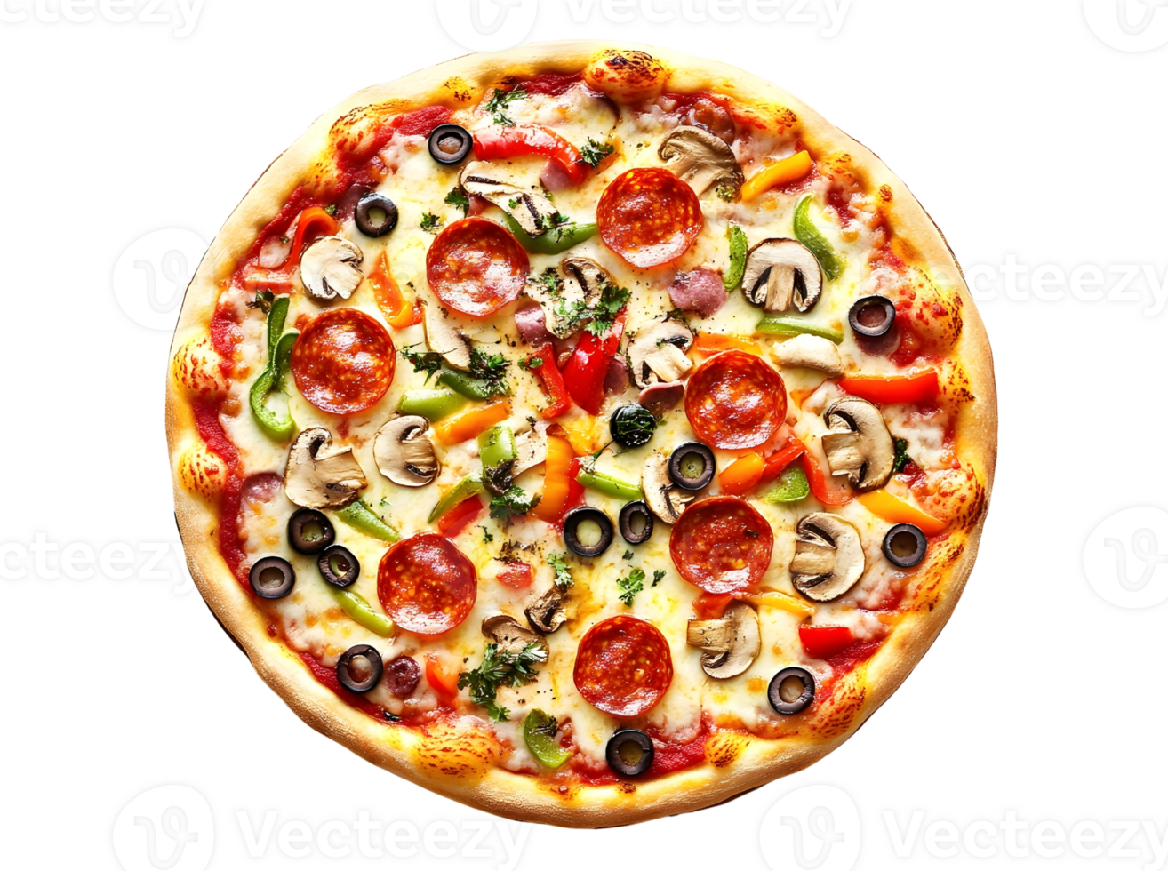 Delicious pizza with champignon mushrooms, tomatoes, mozzarella, peppers and black olives, AI-Generateds png