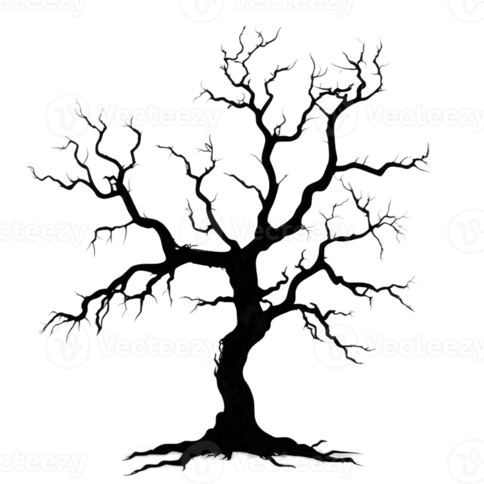 The image shows four twisted, leafless trees, AI-Generateds png