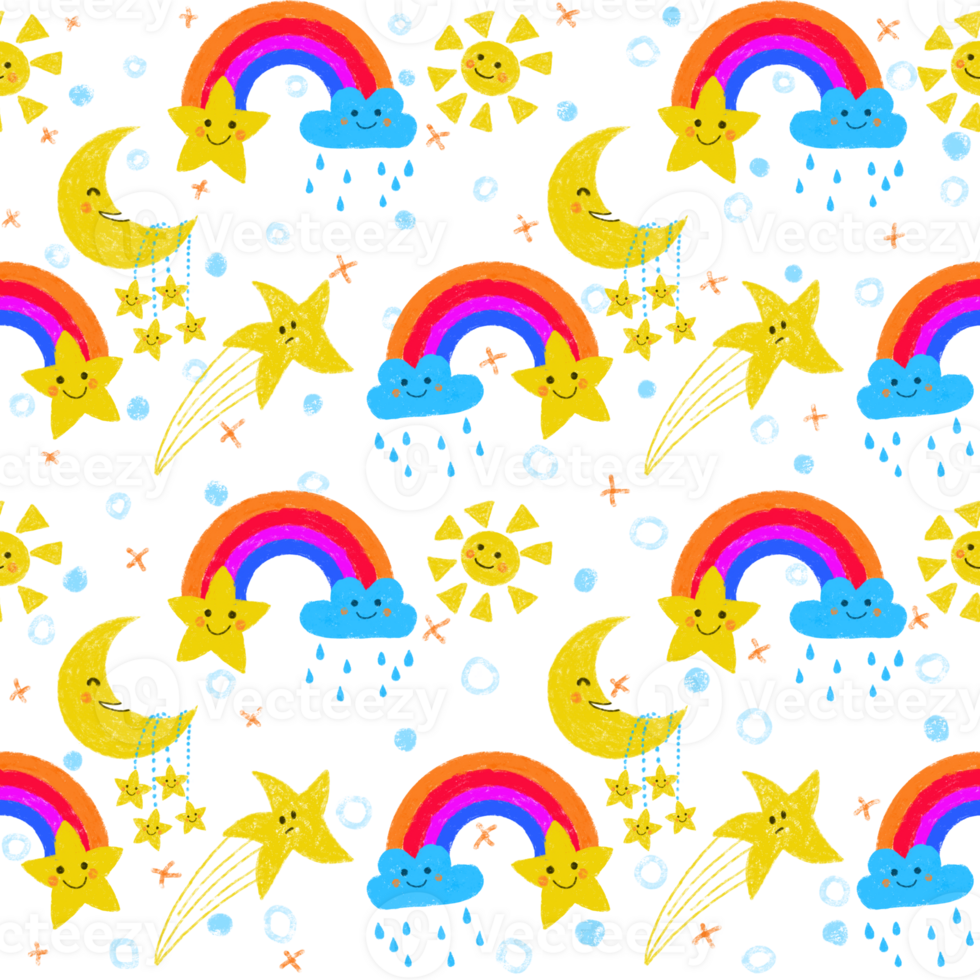 colorful seamless pattern of rainbow, clouds, sun and stars, cartoon style png