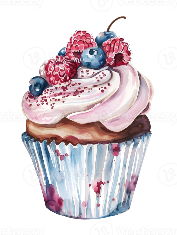 a watercolor cupcake with raspberries and blueberries on top, AI-Generateds png