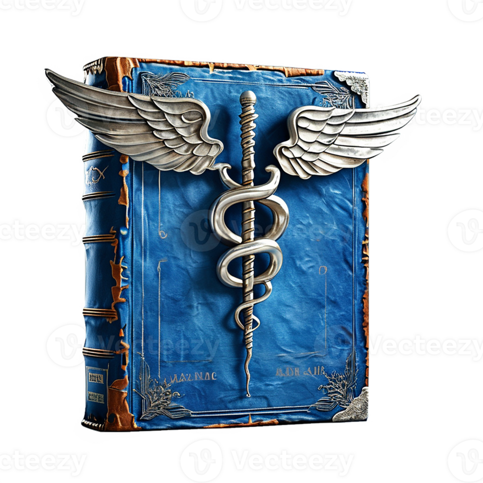 A book with a winged medical symbol on it png