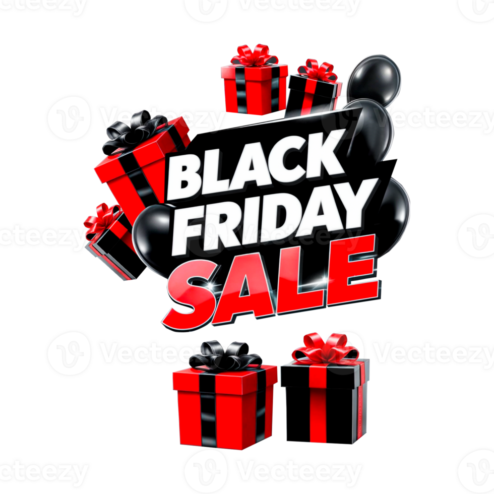 Red and white Black Friday sale text with gift boxes and decorative balls on dark backdrop png