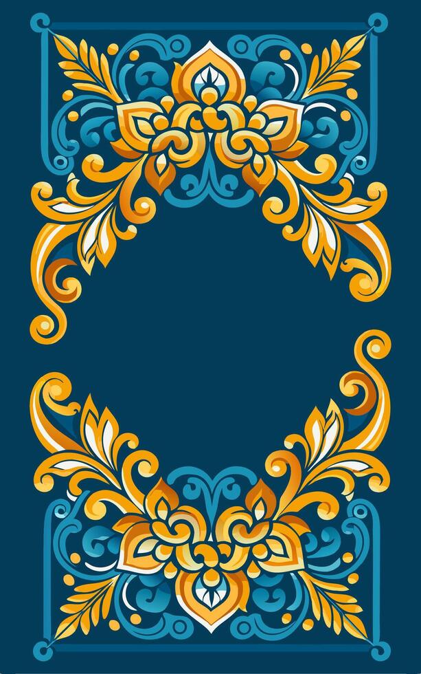 An ornate frame with gold and blue flowers on a blue background vector