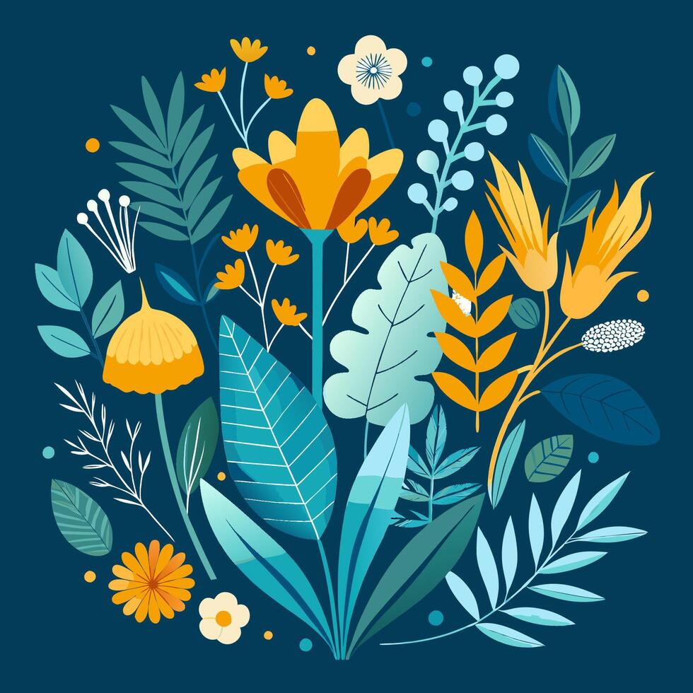 illustration of colorful flowers and leaves on blue background vector