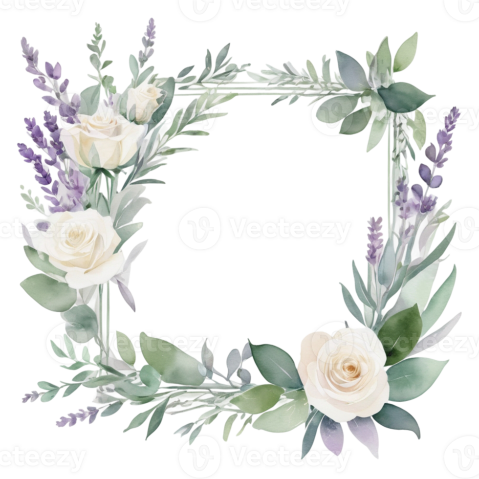 Watercolor flowers and leaves in a square frame png