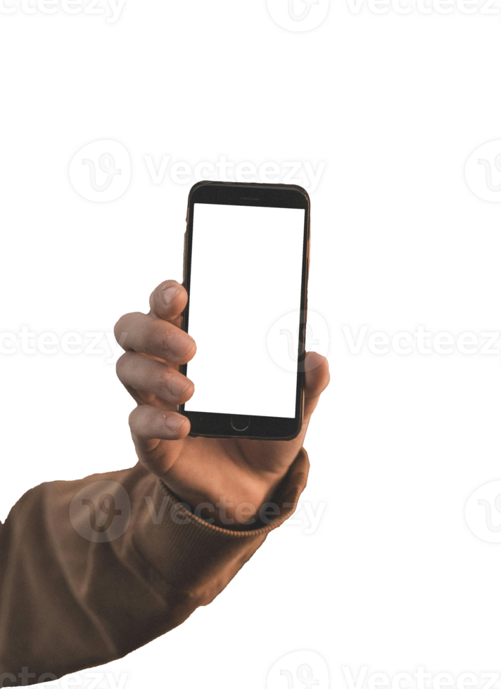 A person holding up a cell phone with a blank screen png