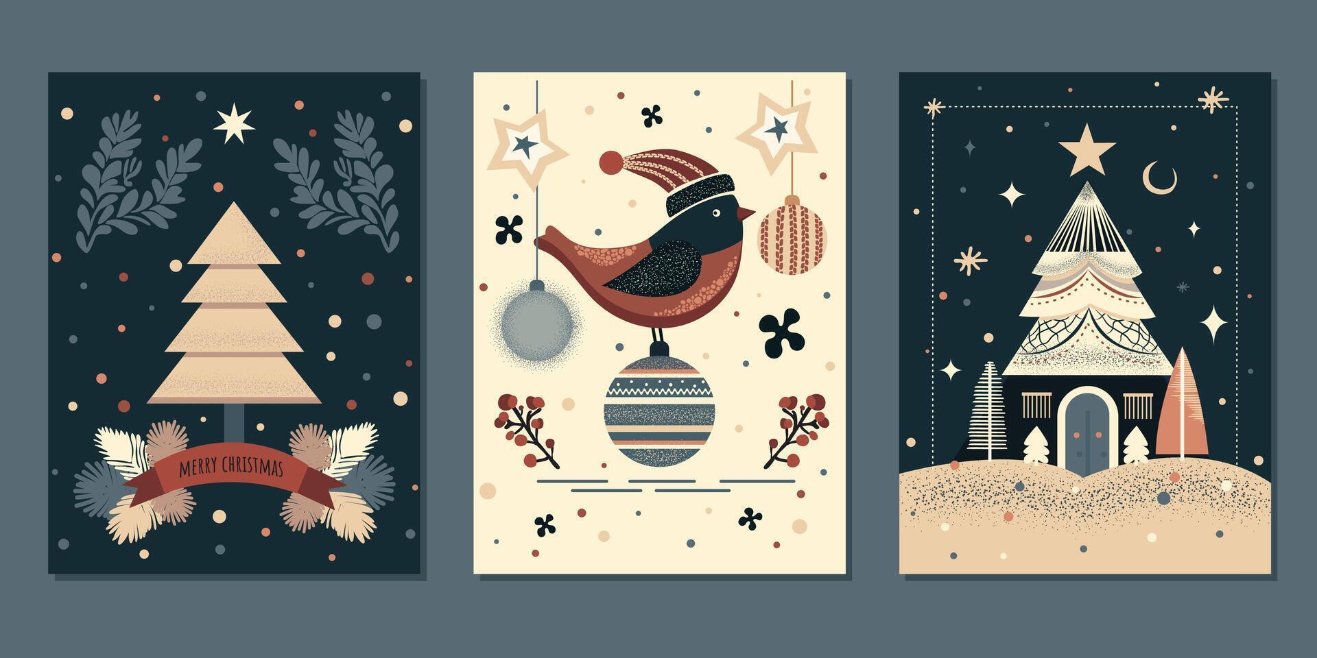 set of christmas cards in minimalistic flat style. graphic art of group xmas cards with greetings vector