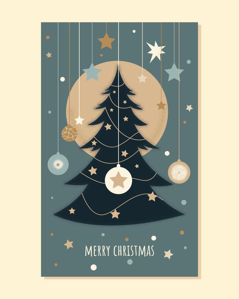 stylish merry christmas card with fir tree and xmas decorations. graphic art for xmas greetings vector