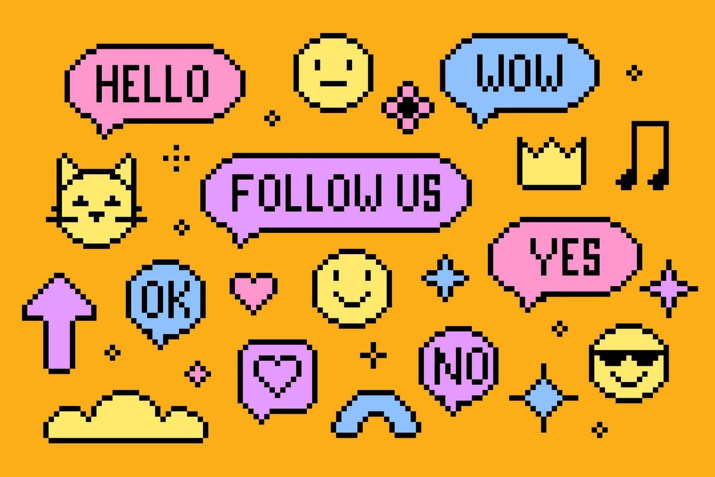 Set of pixel 8 bit elements. Pixelated speech bubbles with text. Emoticon with face and cat, stars shape vector