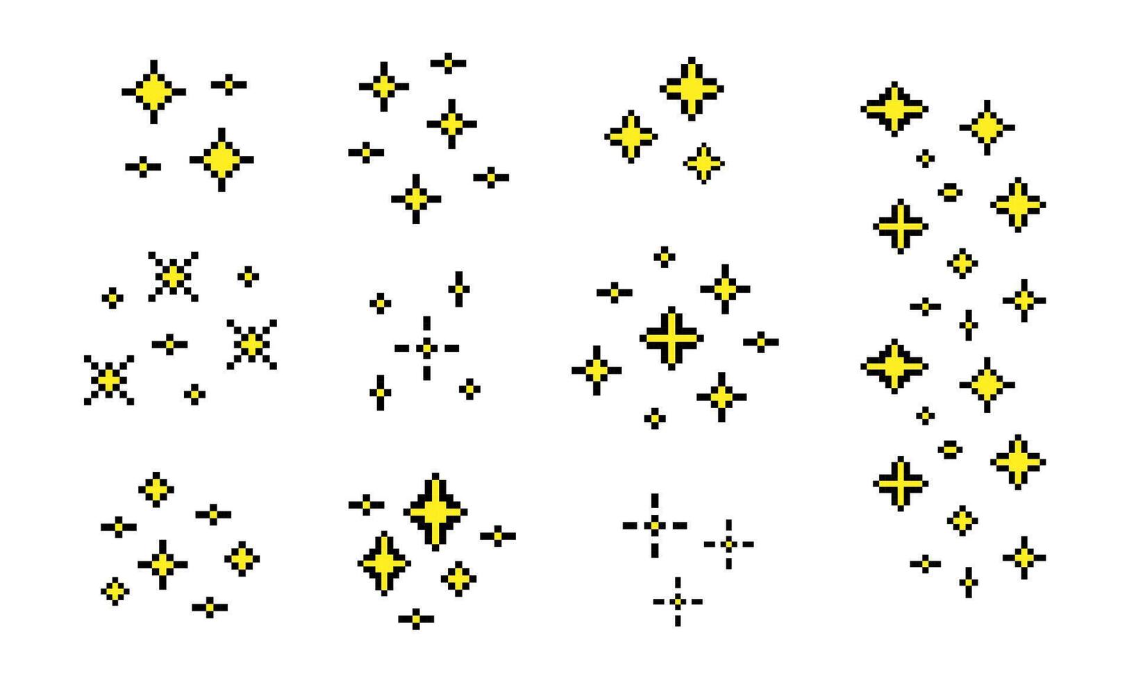 Pixel star shape retro 8 bit sparkle. Shiny game pixel art effect set. Bright firework, decoration twinkle, shiny flash. vector